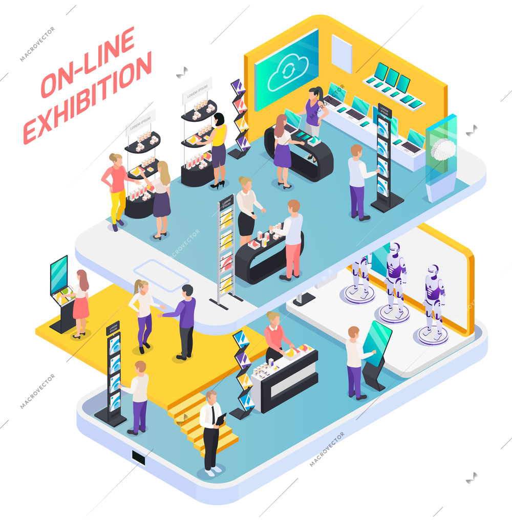 Science technology engineering innovation online exhibition display stands visitors promoters isometric composition on smartphone screen vector illustration