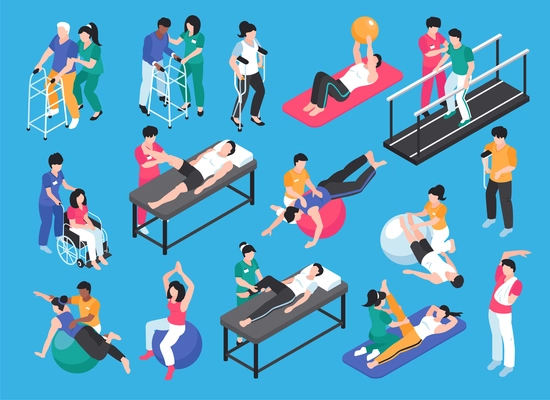 Isometric physiotherapy set with isolated icons and images of people doing exercises with help and assistance vector illustration