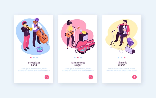 Isometric street musician vertical banners set with human characters of music performers with buttons and text vector illustration