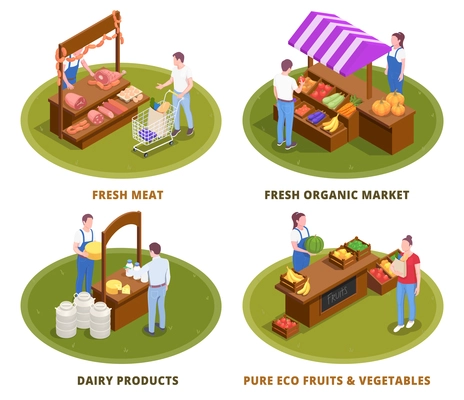 Farmers market 4 isometric compositions with fresh local organic dairy products meat fruits vegetables stalls vector illustration