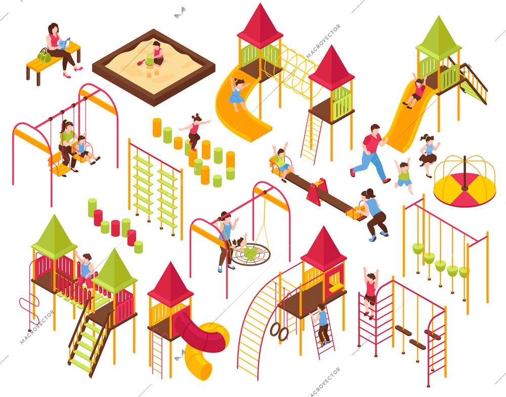 Isometric kids playground parents kids set with isolated images of seesaws ladders carousels on blank background vector illustration