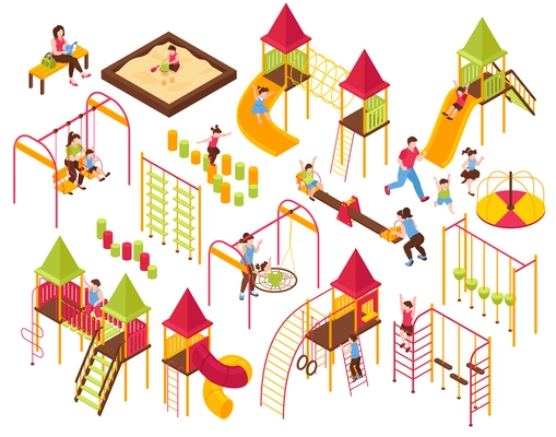Isometric kids playground parents kids set with isolated images of seesaws ladders carousels on blank background vector illustration