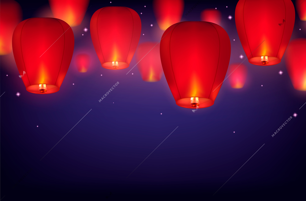 Sky lanterns background with dark sky gradient with stars and realistic images of hanging paper lanterns vector illustration