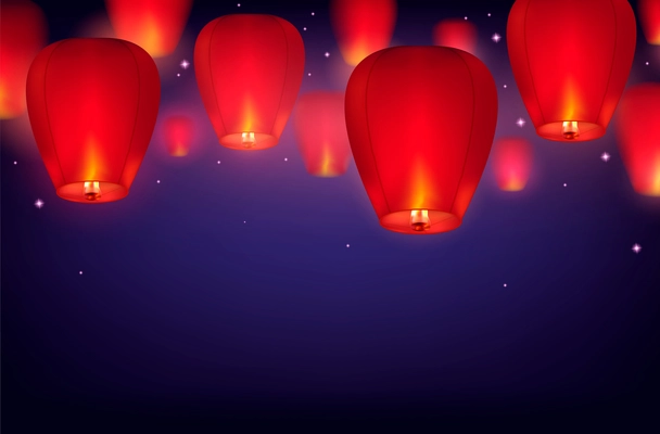 Sky lanterns background with dark sky gradient with stars and realistic images of hanging paper lanterns vector illustration