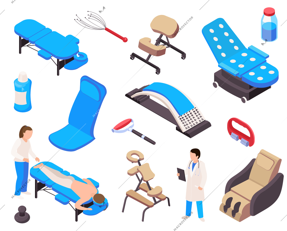 Massage therapy isometric collection of isolated icons and images of medical supplies physiotherapeutic equipment and people vector illustration