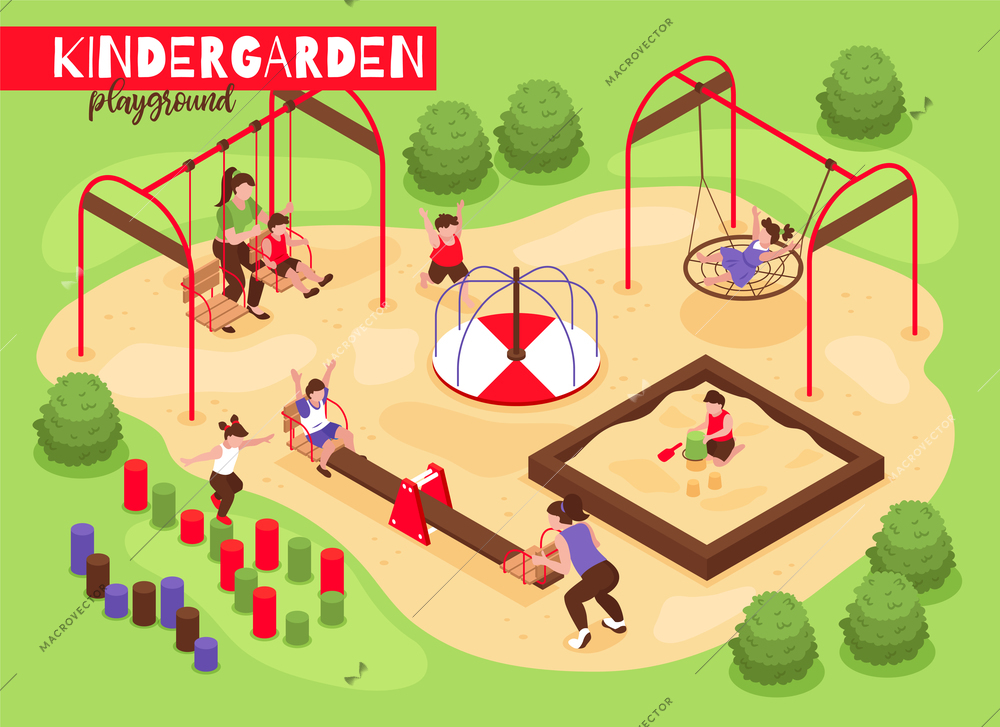 Isometric playground kindergarten composition with outdoor view of playing babies and kids with trees and bushes vector illustration