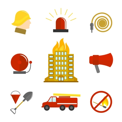 Firefighting icons flat set of burning building fire alarm water hose isolated vector illustration.