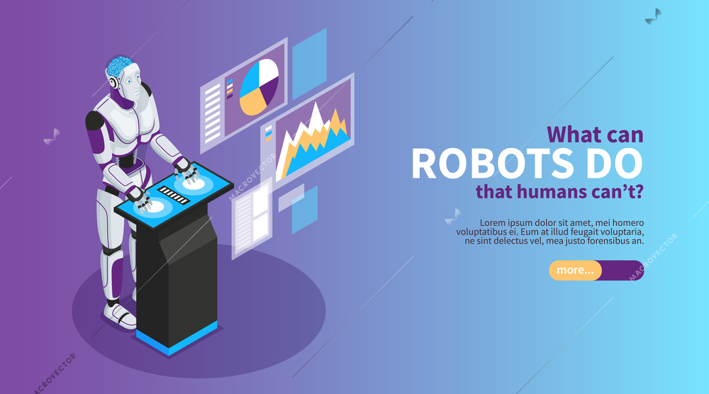 Artificial intelligence  isometric poster with robot benefits symbols  vector illustration