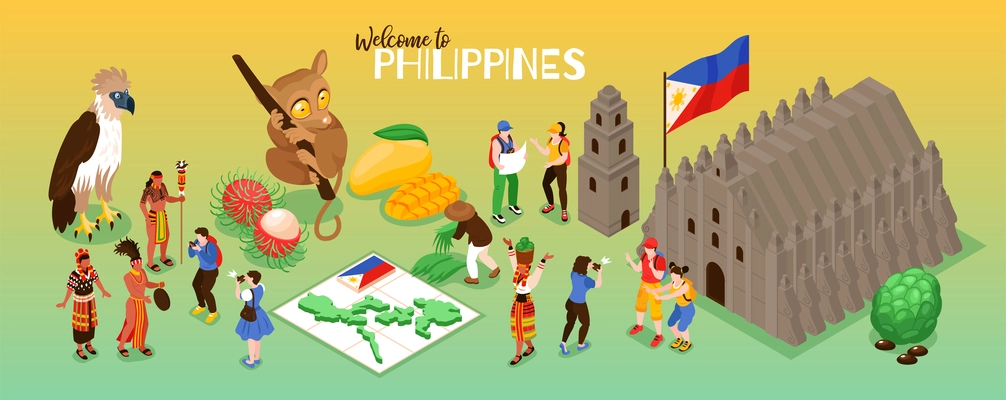 Phillipine travel isometric concept with sights and fauna symbols isolated vector illustration