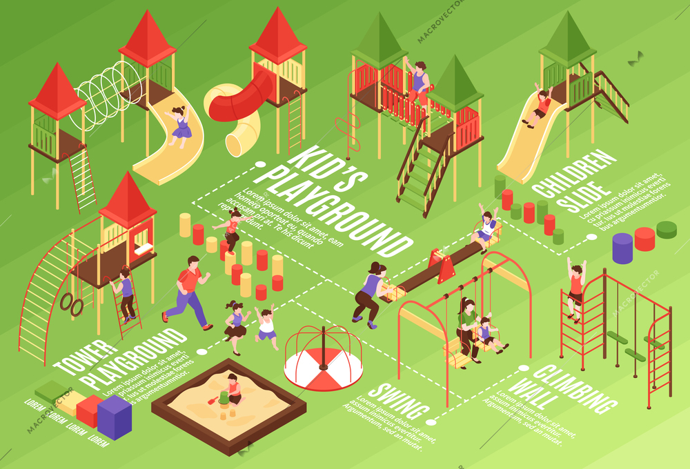 Isometric kids playground horizontal flowchart composition with human characters fixtures connected with lines and text captions vector illustration