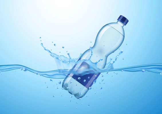 Realistic mineral water composition with image of drifting plastic water bottle with water drops and spray vector illustration