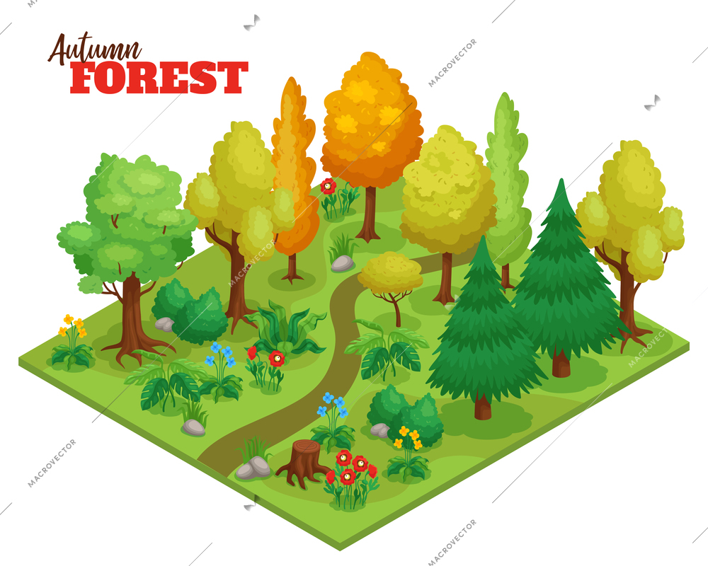 Autumn forest concept with trees flowers and path isometric  vector illustration