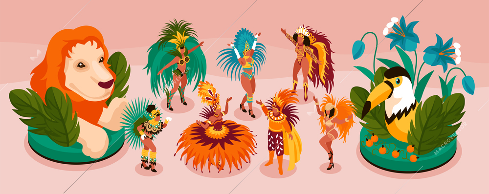 Brazilian carnival isometric narrow set with tourism and fun symbols isolated vector illustration