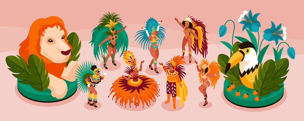 Brazilian carnival isometric narrow set with tourism and fun symbols isolated vector illustration