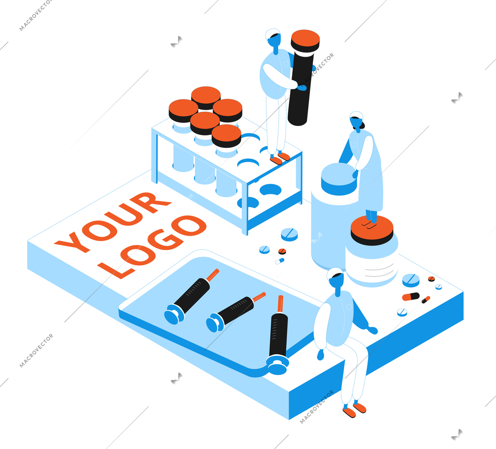 Isometric concept with doctors medicine elements and space for logo 3d vector illustration