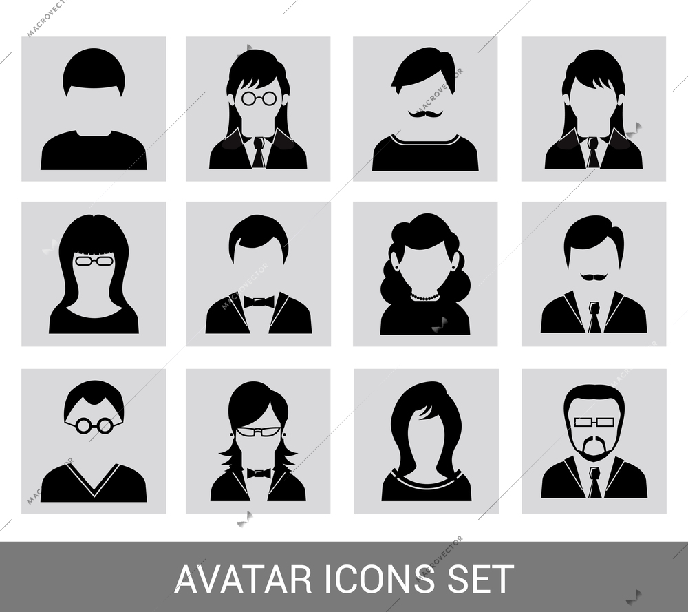 Social networks business private users avatar pictograms design black icons set isolated vector illustration