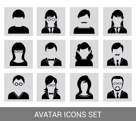 Social networks business private users avatar pictograms design black icons set isolated vector illustration