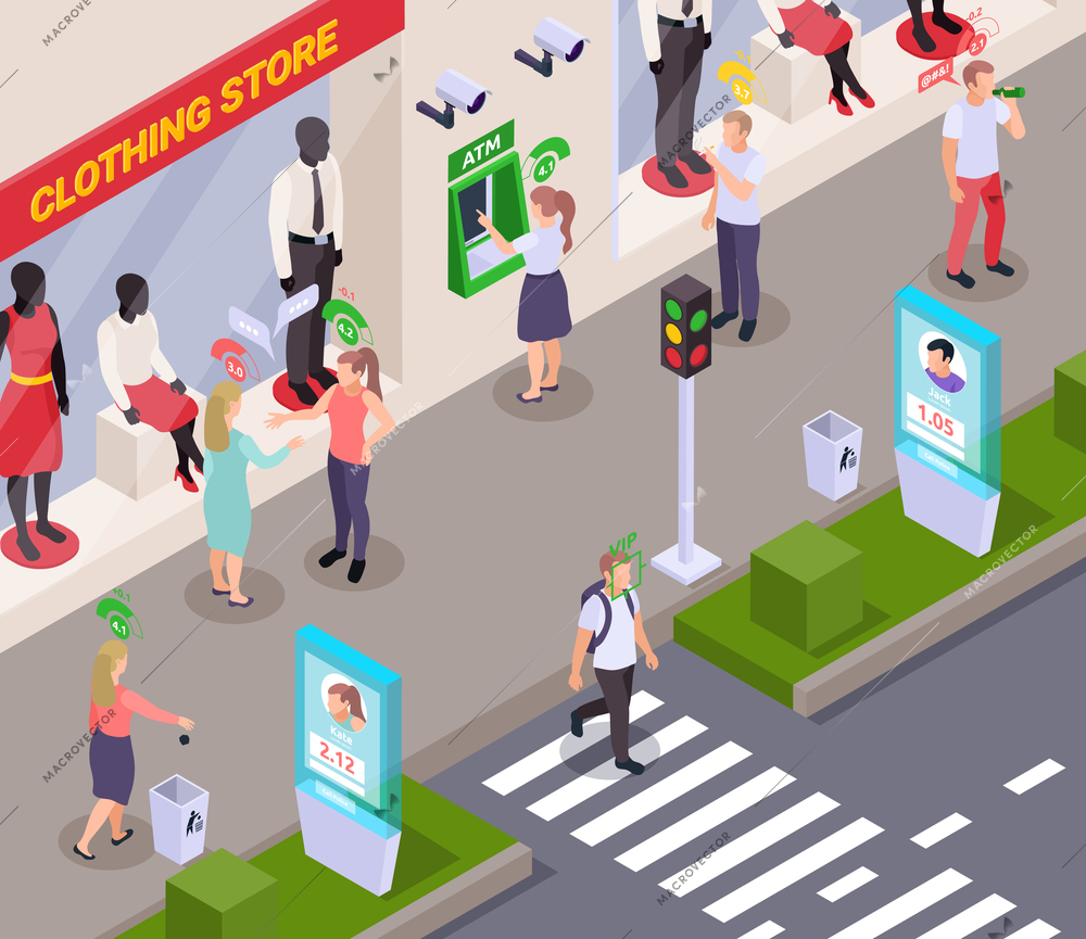 People with social credit score pictograms above their heads in street near clothing store isometric composition 3d vector illustration