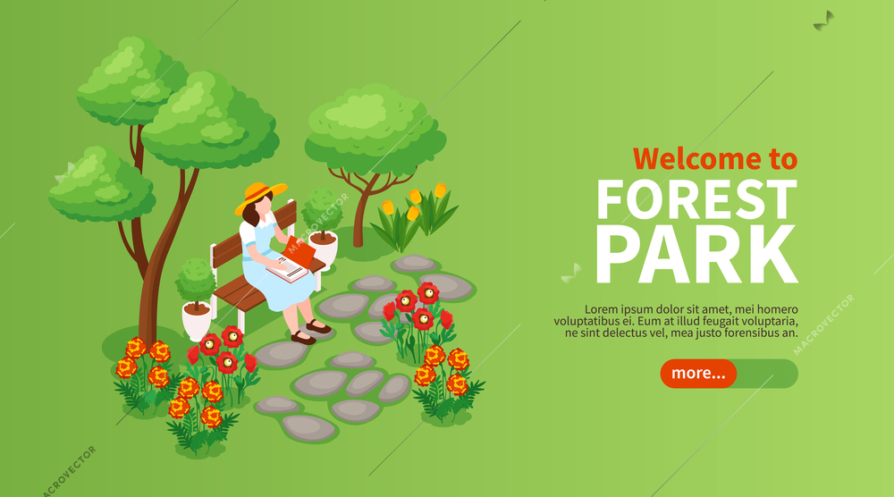 Forest park concept with plants flowers and trees isometric vector illustration