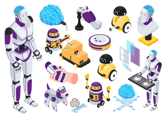 Artificial intelligence  isometric set with new smart technology symbols isolated vector illustration