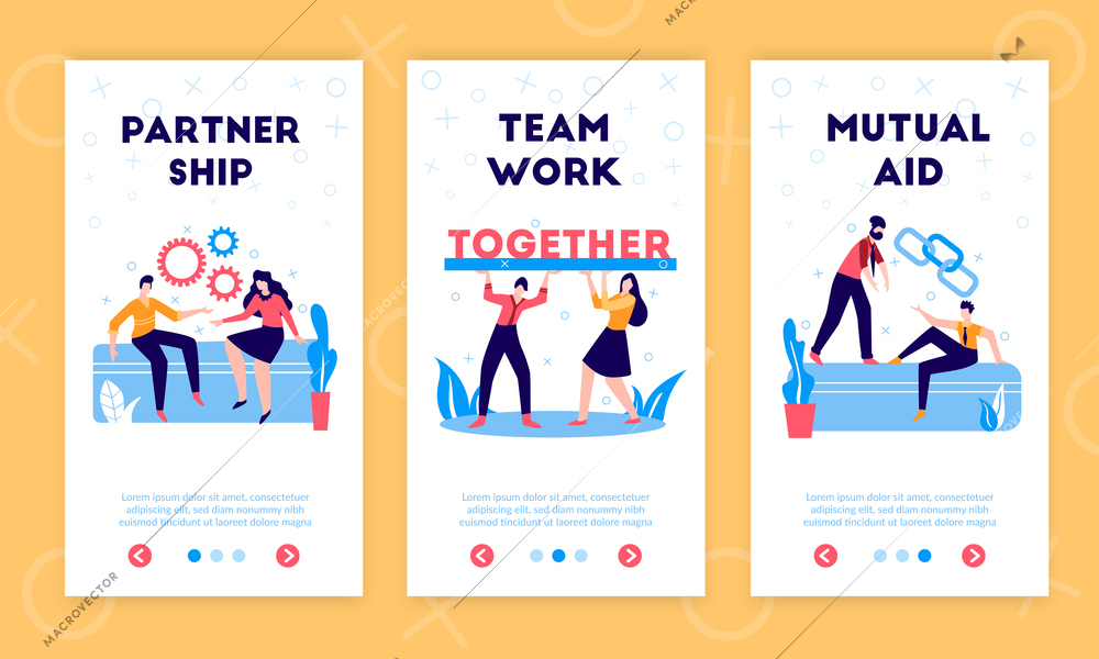 Business partnership cooperation support sharing funds responsibilities profits 3 vertical flat web banners with teamwork symbols vector illustration