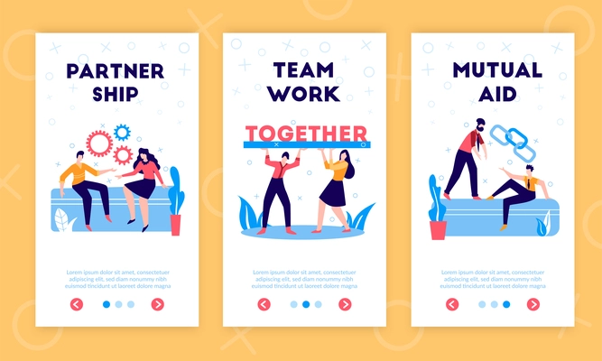 Business partnership cooperation support sharing funds responsibilities profits 3 vertical flat web banners with teamwork symbols vector illustration