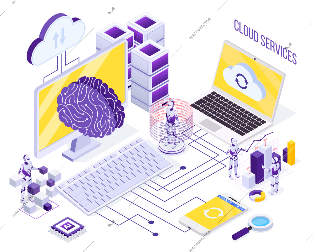 Robotic automation isometric concept with robots working with cloud services and data storage 3d vector illustration