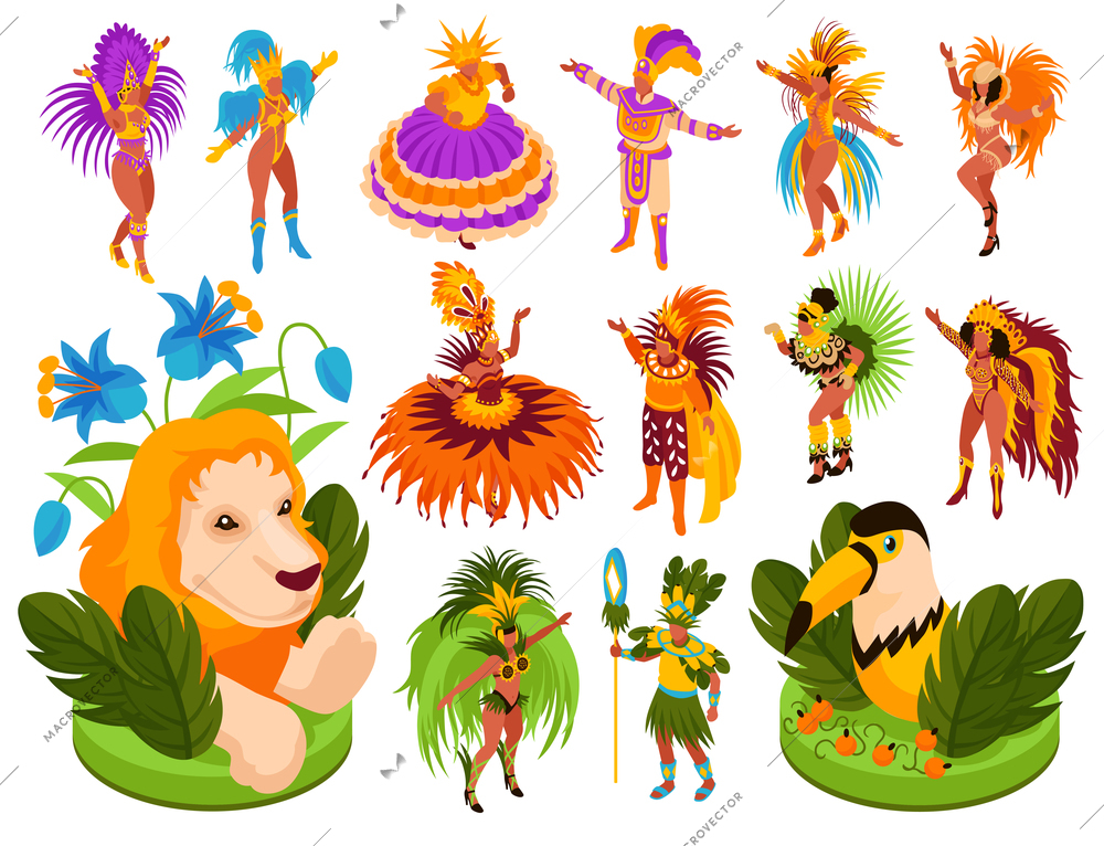 Brazilian carnival isometric set with costumes and performance symbols isolated vector illustration