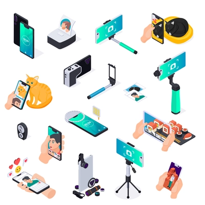 Devices and gadgets for taking photo and video isometric icons set with selfie stick tripod lenses printer 3d isolated vector illustration