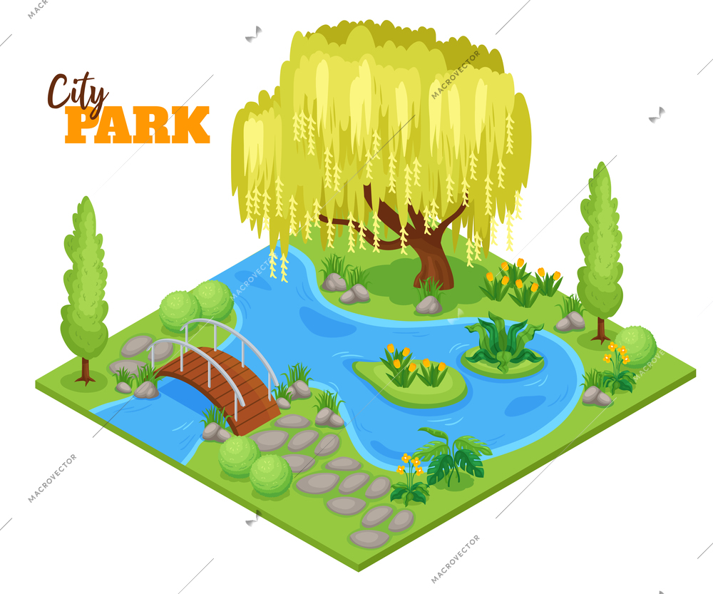 City park concept with lake plants and trees isometric  vector illustration