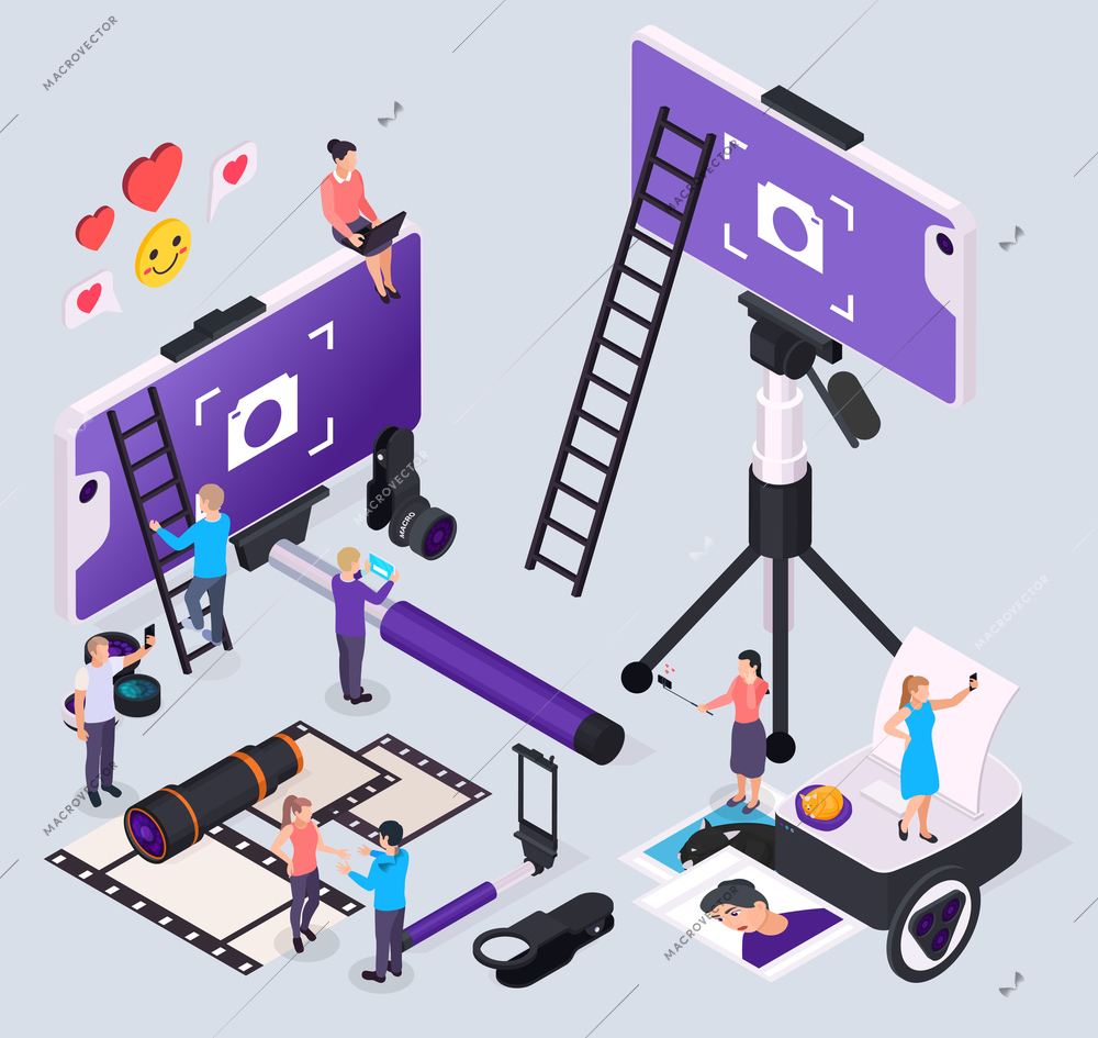 Isometric composition with people taking photos and tools for mobile phones 3d vector illustration