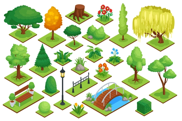 City park element set with plants bridge and trees isometric isolated vector illustration