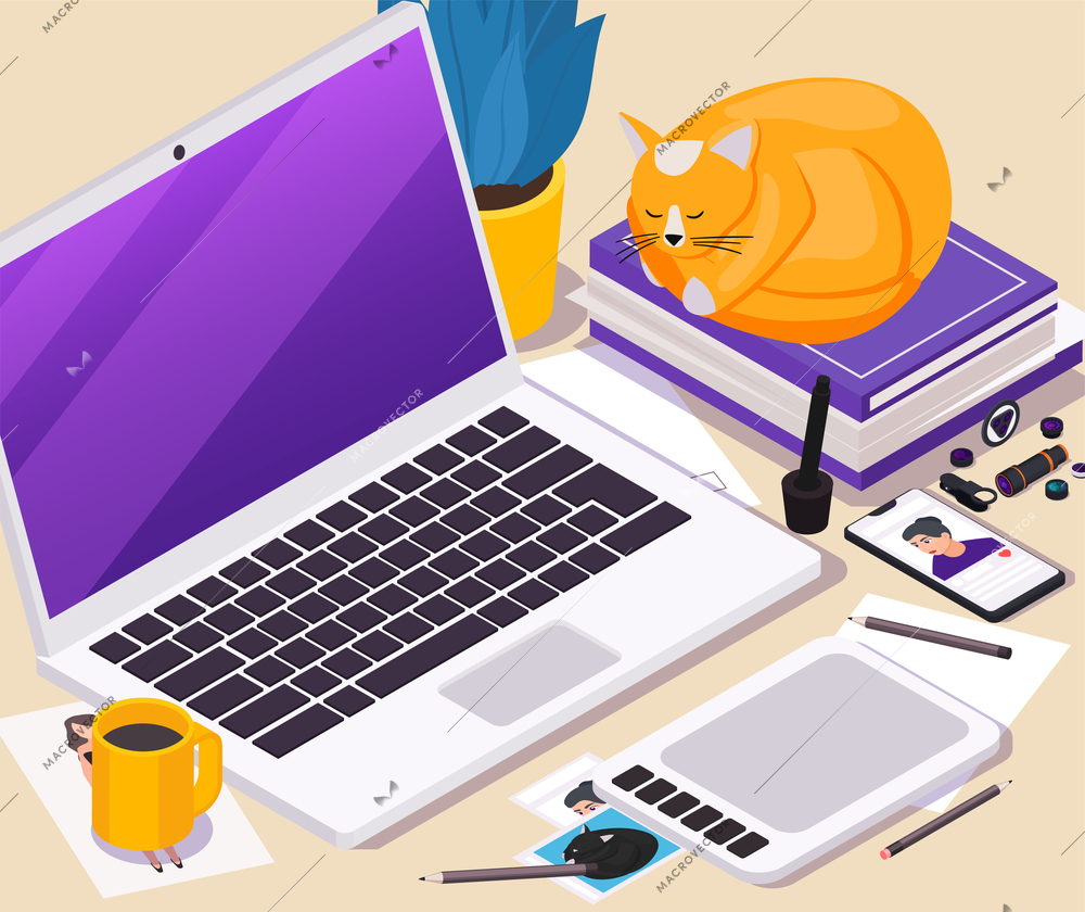 Work place isometric background with laptop tablet mobile phone and tools for making photo 3d vector illustration