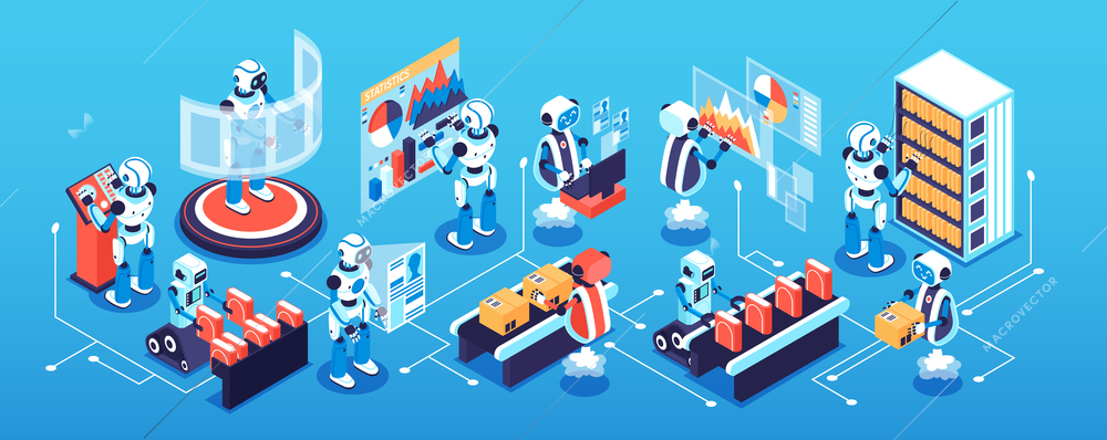 Robotic process isometric narrow concept with science and technology symbols  vector illustration