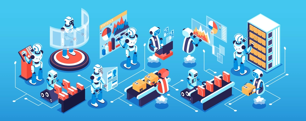 Robotic process isometric narrow concept with science and technology symbols  vector illustration