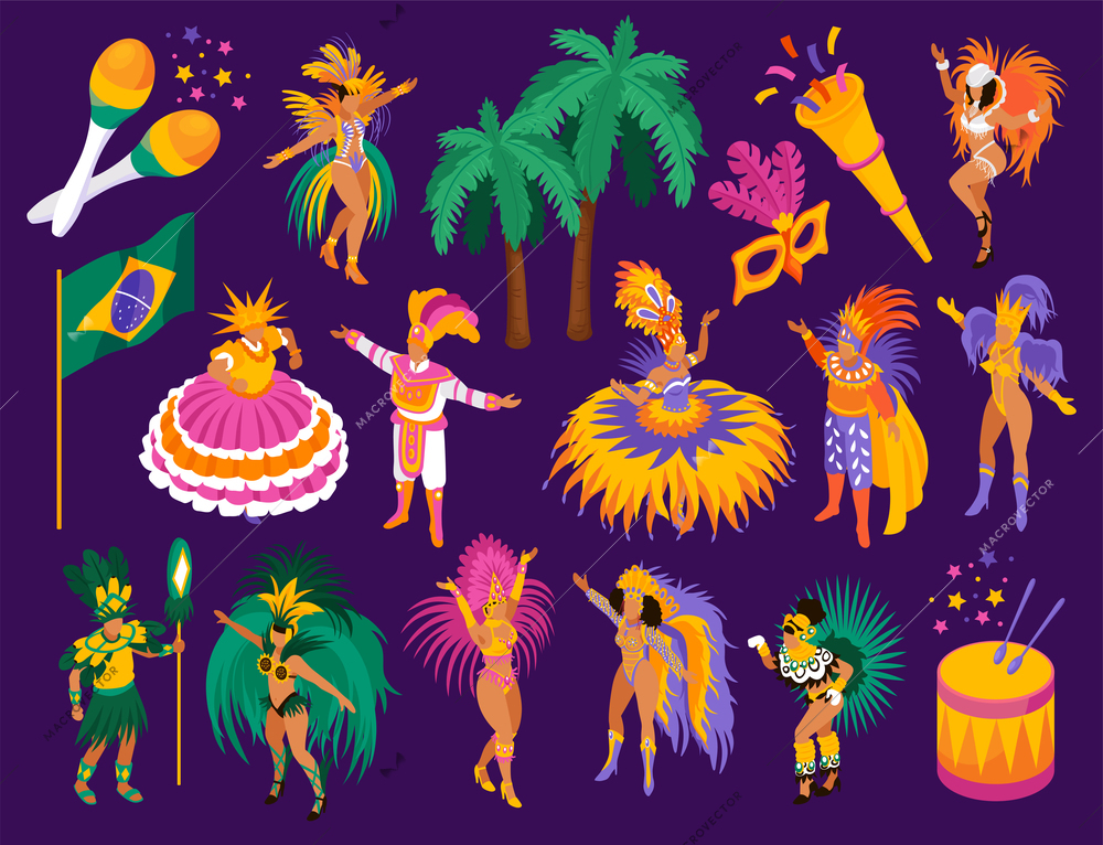 Brazilian carnival isometric set with festival and fun symbols isolated vector illustration