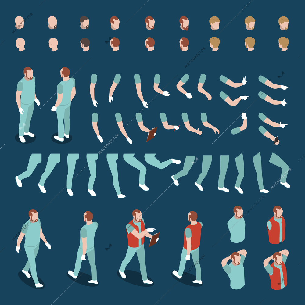 Big set of isometric heads arms legs bodies for male character constructor 3d isolated vector illustration