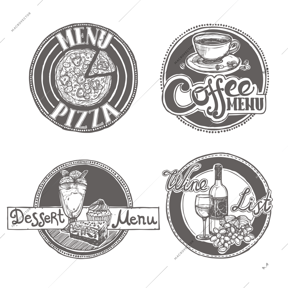 Restaurant menu coffee and tea wine list labels set isolated vector illustration