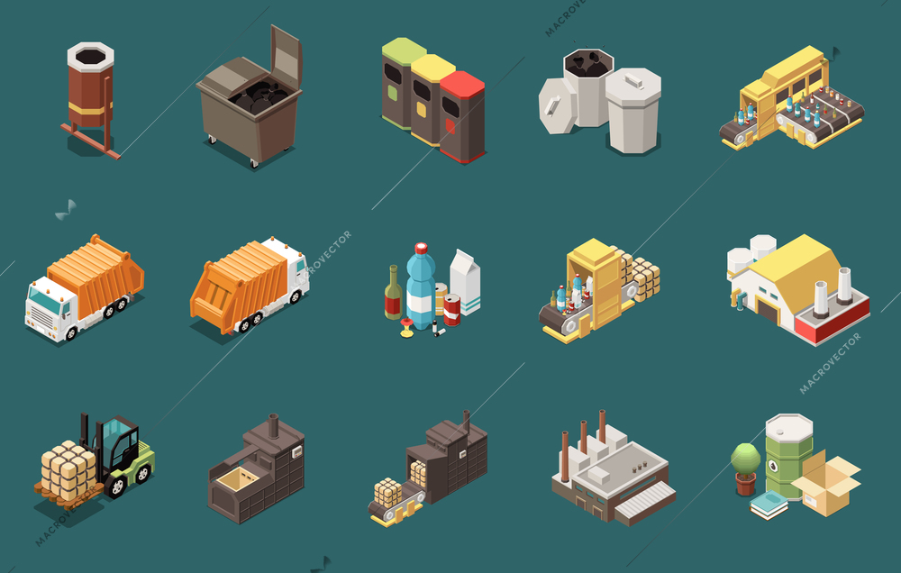 Isometric icons set with rubbish bins containers garbage collecting transport and recycling plants 3d isolated vector illustration