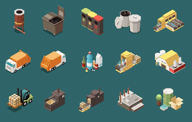 Isometric icons set with rubbish bins containers garbage collecting transport and recycling plants 3d isolated vector illustration