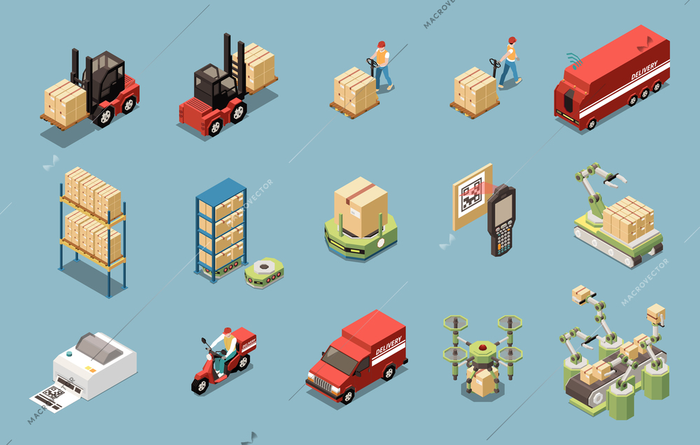 Warehouse automated equipment delivery transport and couriers isometric icons set isolated on blue background 3d vector illustration