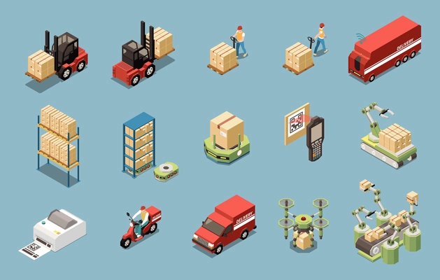 Warehouse automated equipment delivery transport and couriers isometric icons set isolated on blue background 3d vector illustration