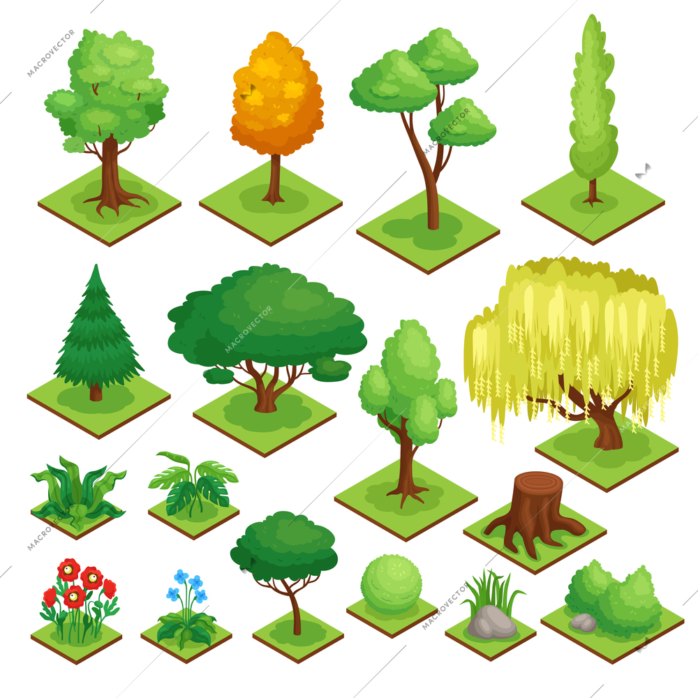 Park element set with plants and trees isometric isolated vector illustration