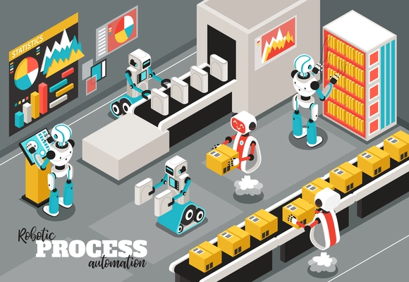 Robotic process isometric background with automation and reliability symbols vector illustration