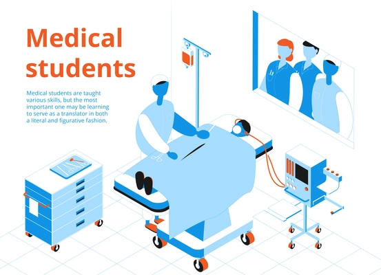 Three medical students watching operation process 3d isometric vector illustration