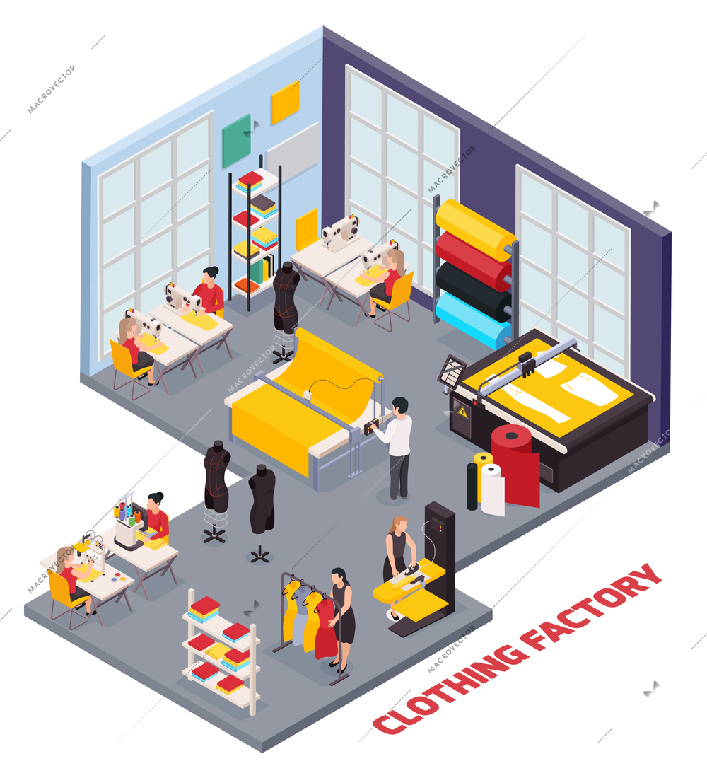 Isometric composition with sewing equipment and people working at clothing factory 3d vector illustration