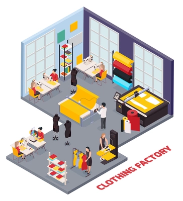 Isometric composition with sewing equipment and people working at clothing factory 3d vector illustration