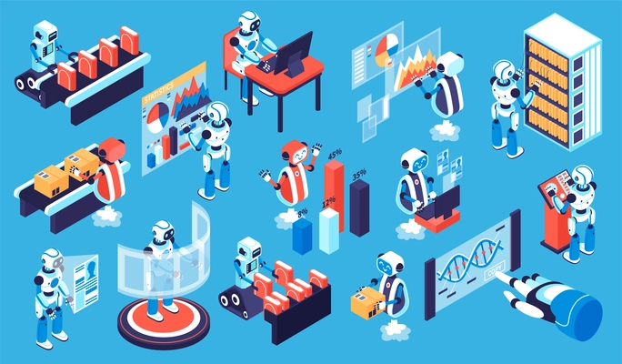Robotic process isometric set with new technology symbols isolated vector illustration