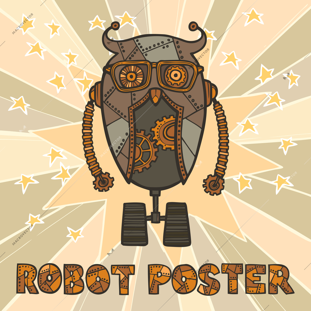 Cogwheel retro robot hipster with glasses on stars background design poster vector illustration