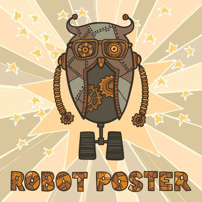 Cogwheel retro robot hipster with glasses on stars background design poster vector illustration
